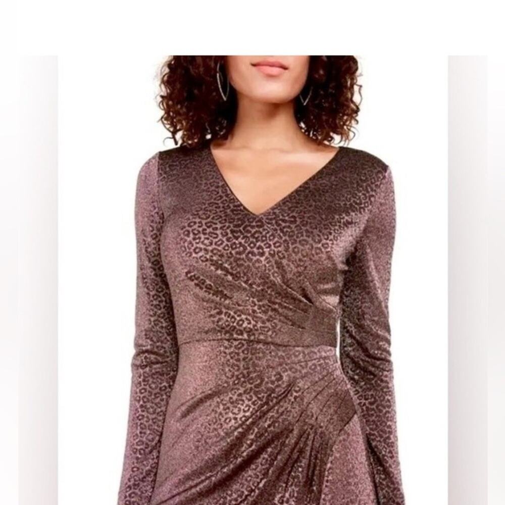 Vince Camuto Leopard Metallic Wrap Dress 4 Long Sleeve Midi Spring
